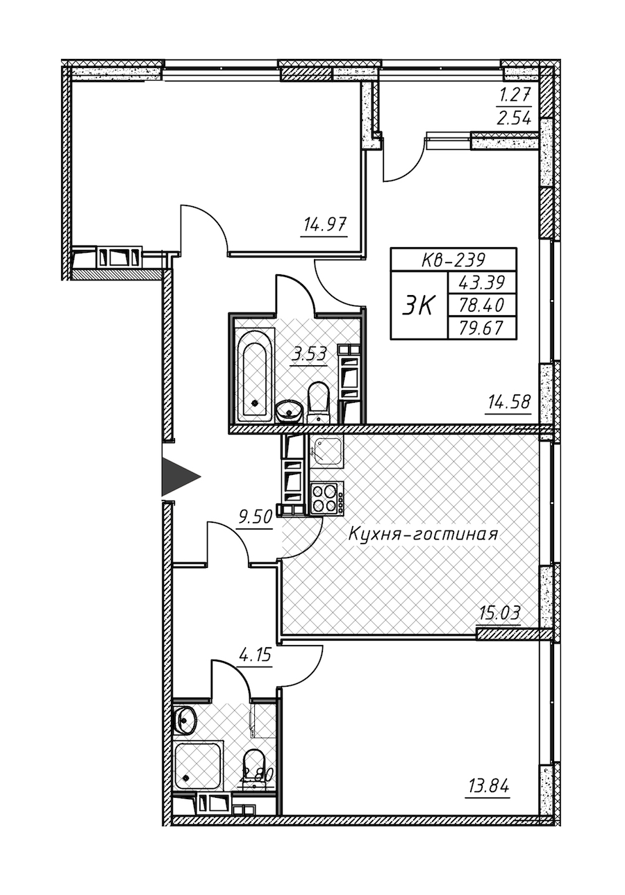 3-комнатная квартира 79.67 м², 12/12 эт., ЖК «Академик»