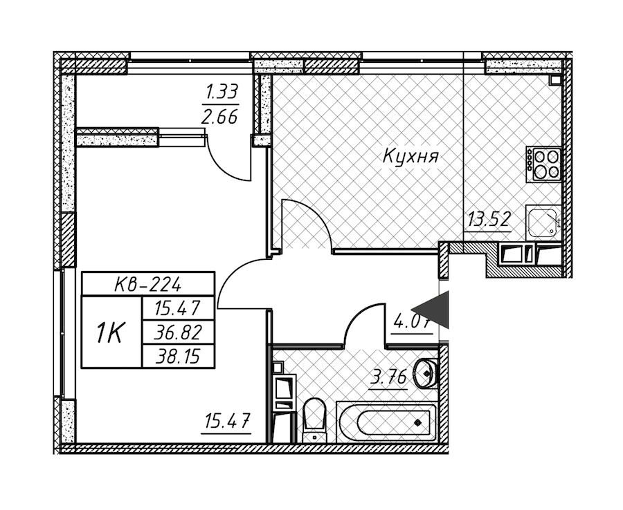 1-комнатная квартира 38.15 м², 11/12 эт., ЖК «Академик»