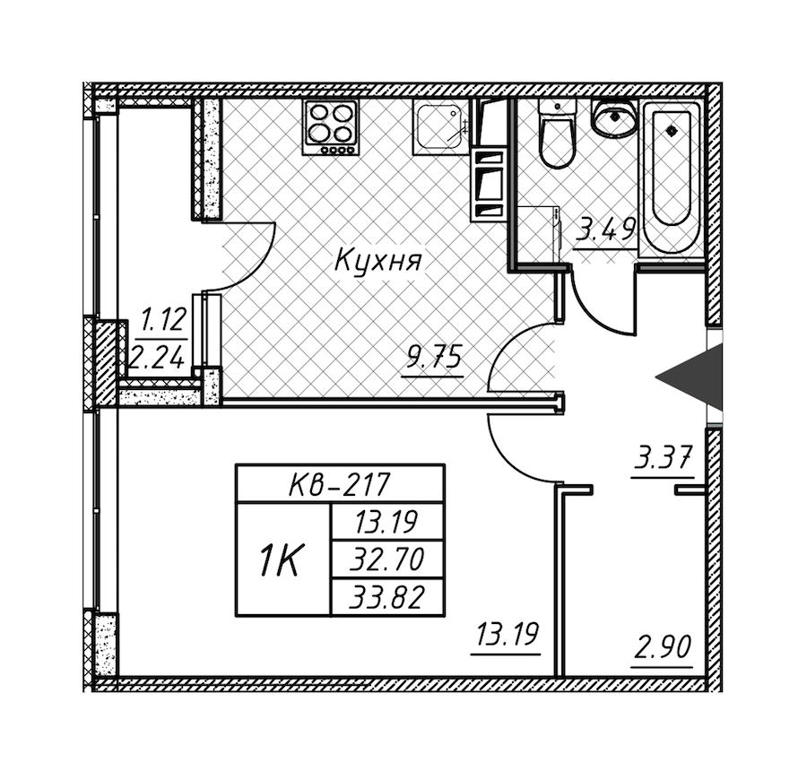 1-комнатная квартира 33.82 м², 10/12 эт., ЖК «Академик»