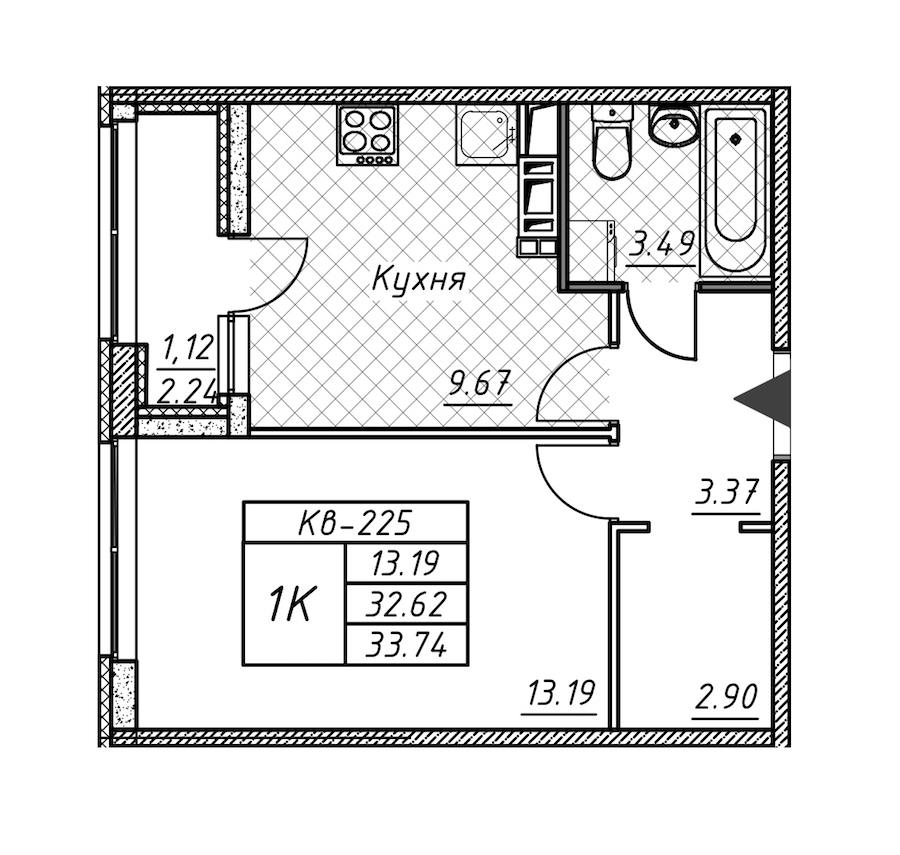 1-комнатная квартира 33.74 м², 11/12 эт., ЖК «Академик»