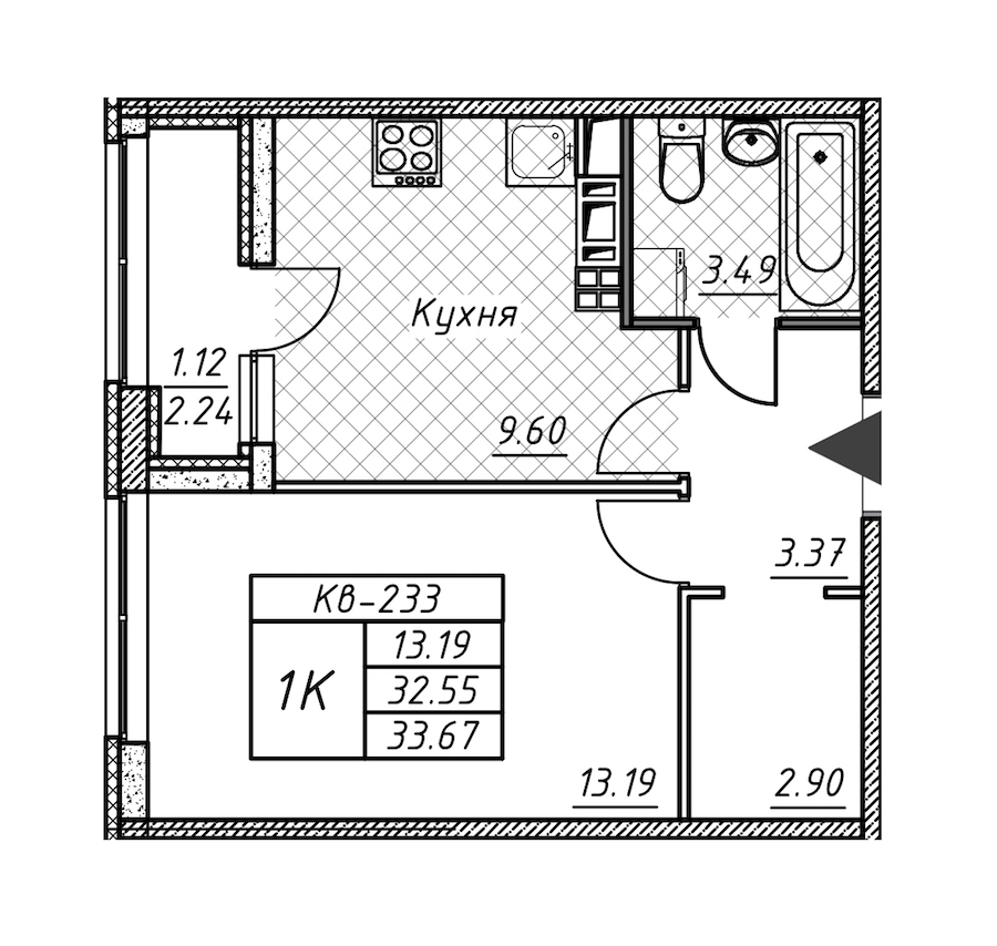 1-комнатная квартира 33.67 м², 12/12 эт., ЖК «Академик»