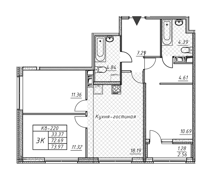 3-комнатная квартира 73.97 м², 10/12 эт., ЖК «Академик»
