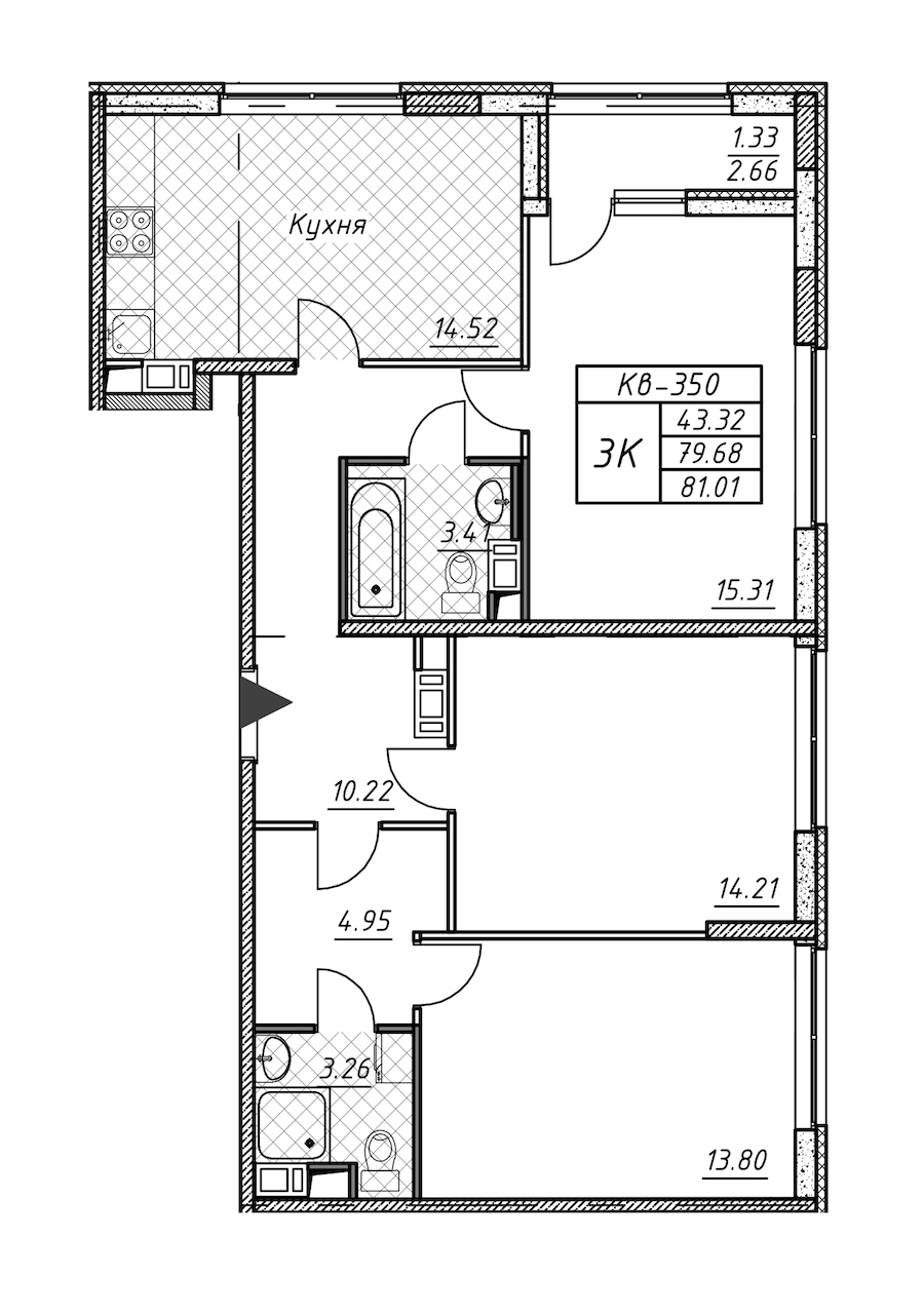 3-комнатная квартира 81.01 м², 10/12 эт., ЖК «Академик»
