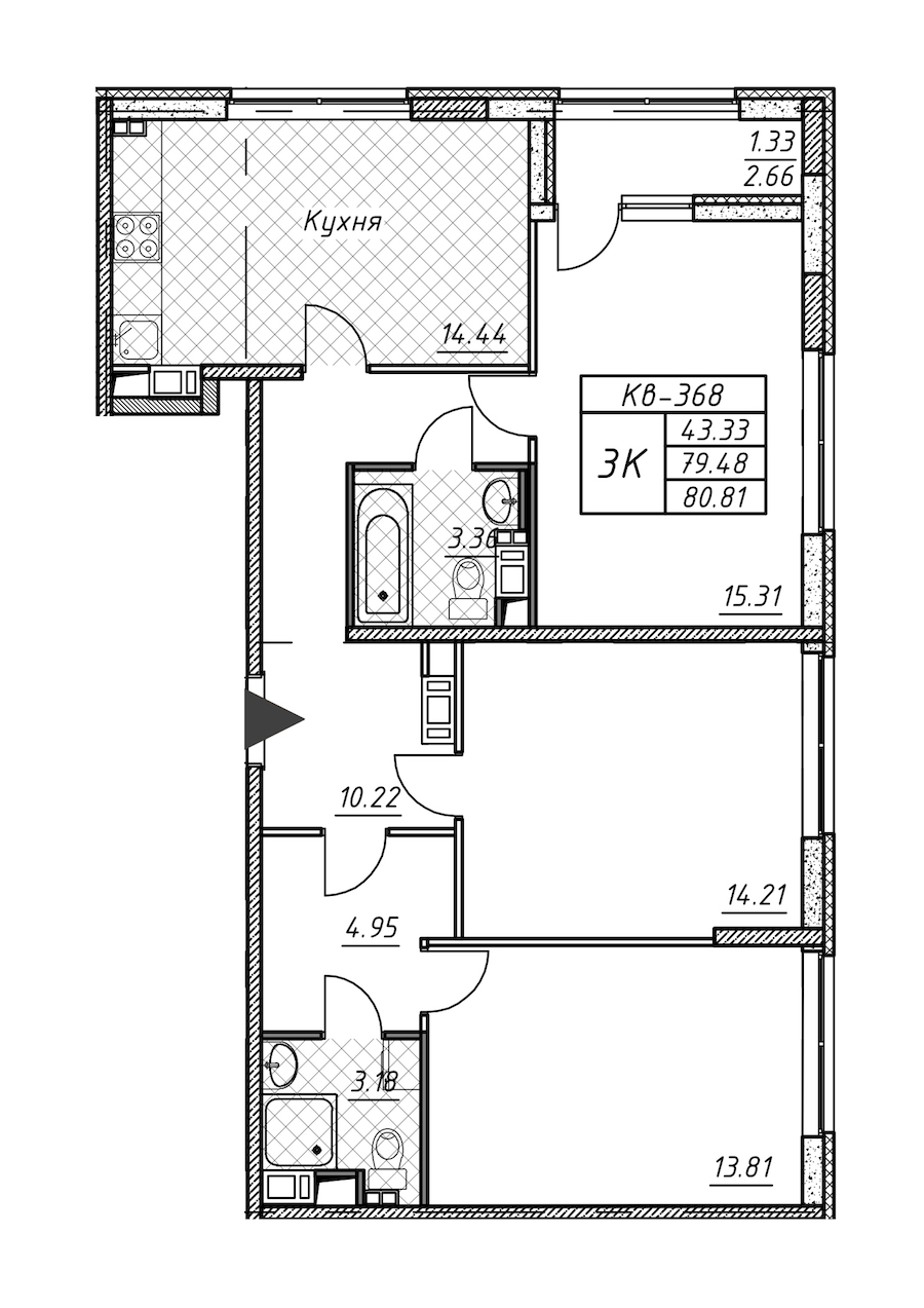 3-комнатная квартира 80.81 м², 12/12 эт., ЖК «Академик»