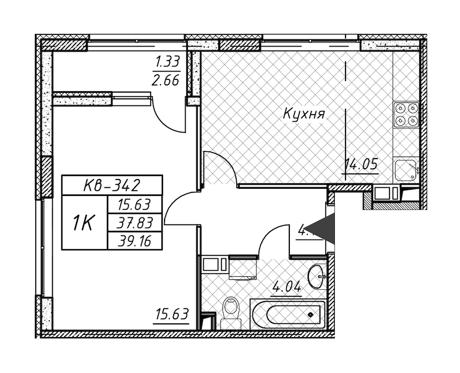1-комнатная квартира 39.16 м², 10/12 эт., ЖК «Академик»