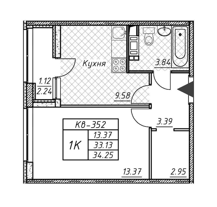 1-комнатная квартира 34.25 м², 11/12 эт., ЖК «Академик»