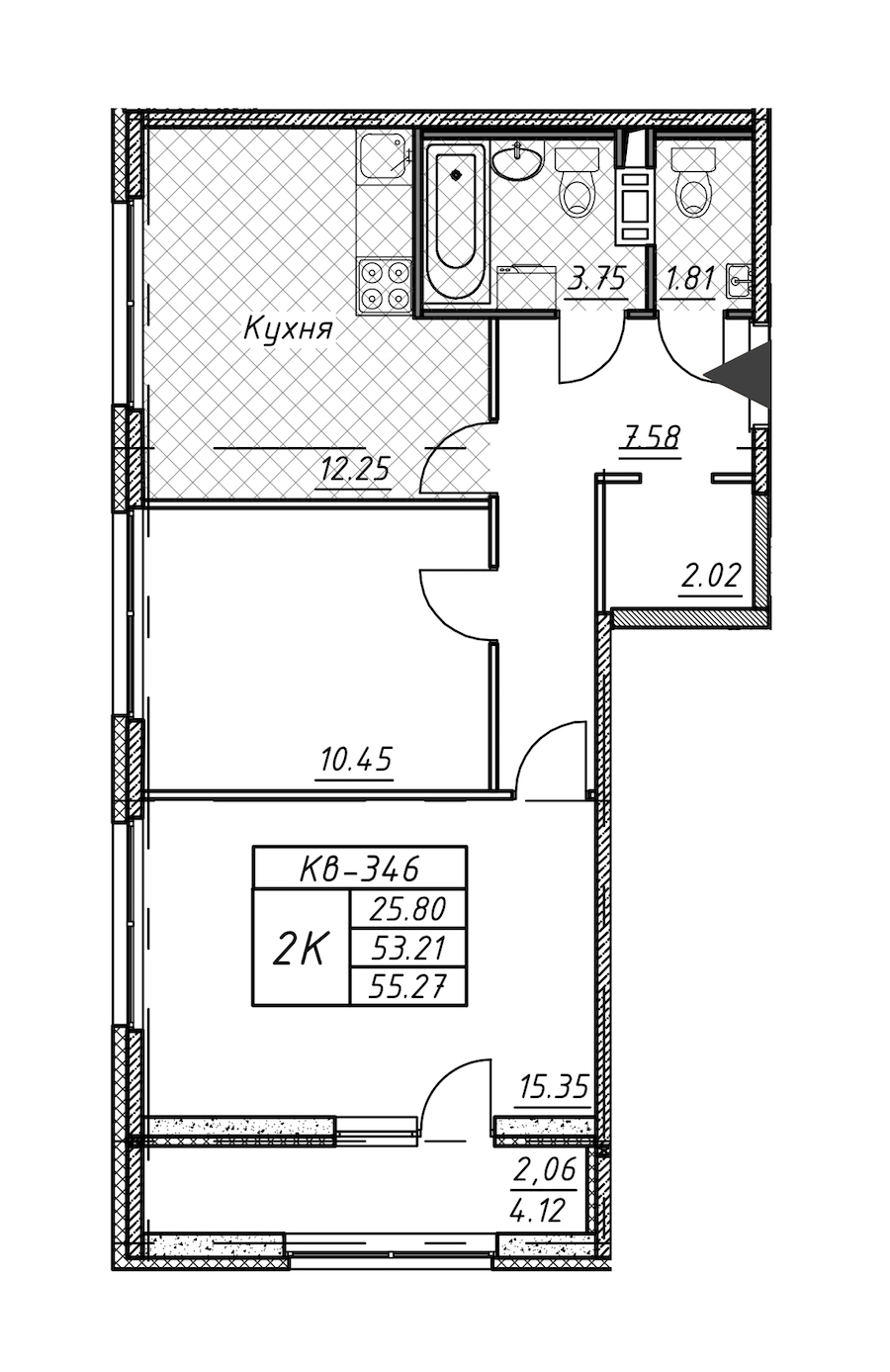 2-комнатная квартира 55.27 м², 10/12 эт., ЖК «Академик»