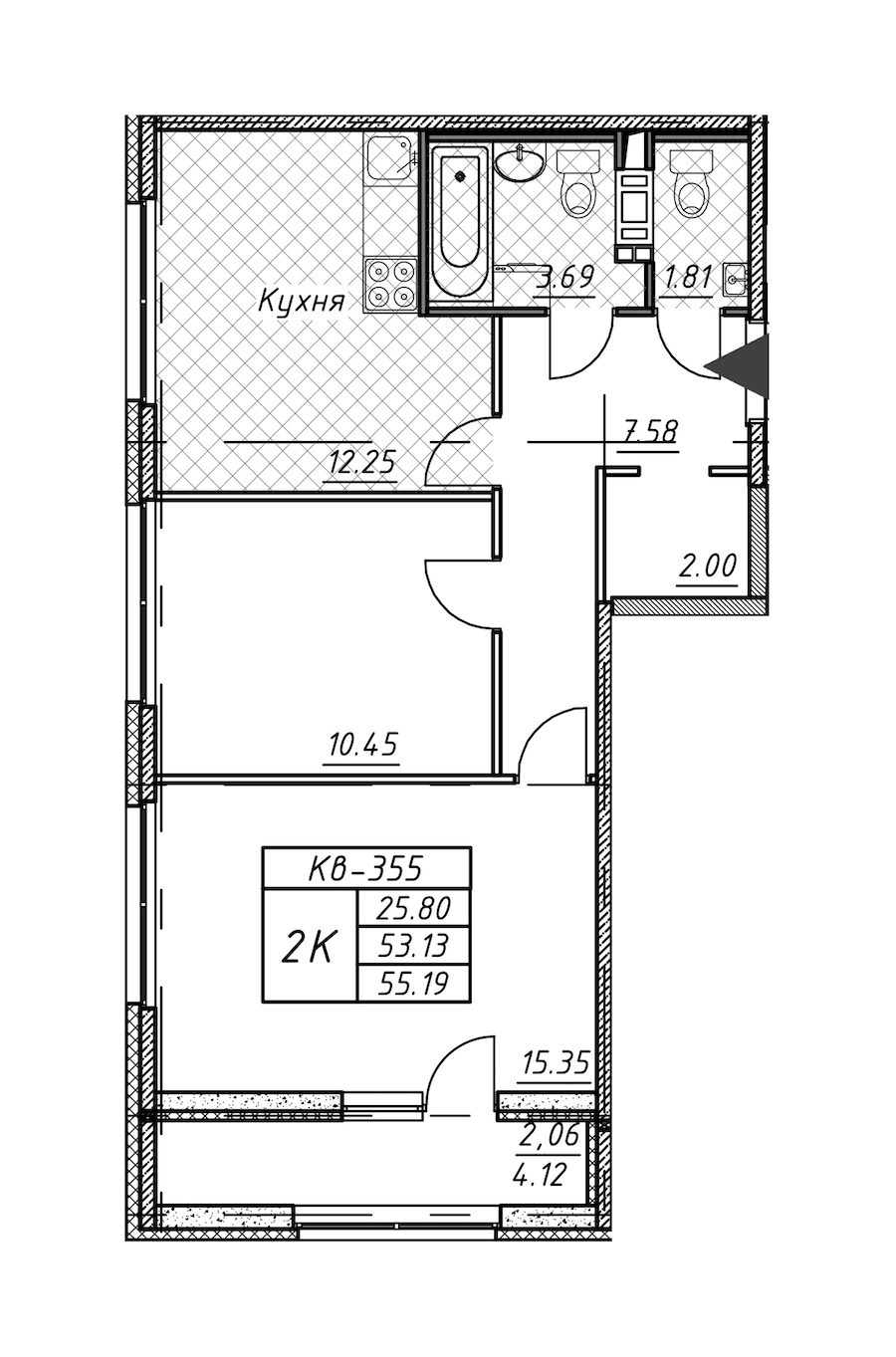 2-комнатная квартира 55.19 м², 11/12 эт., ЖК «Академик»
