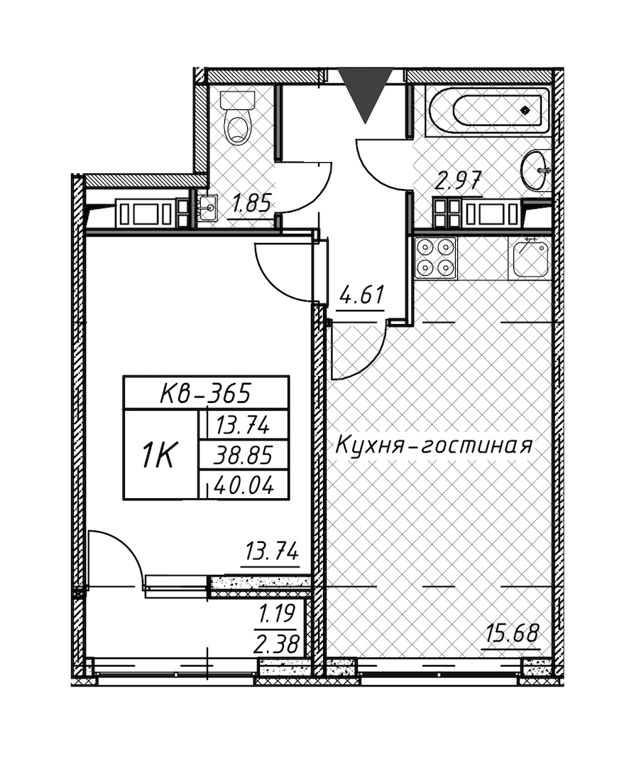1-комнатная квартира 40.04 м², 12/12 эт., ЖК «Академик»