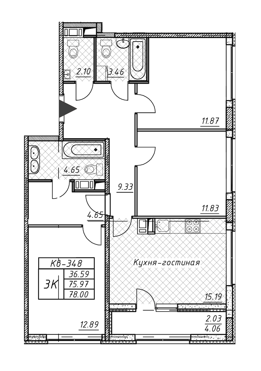 3-комнатная квартира 78 м², 10/12 эт., ЖК «Академик»