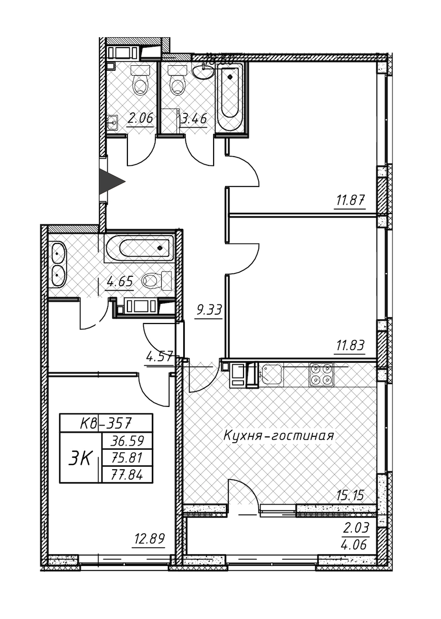 3-комнатная квартира 77.84 м², 11/12 эт., ЖК «Академик»