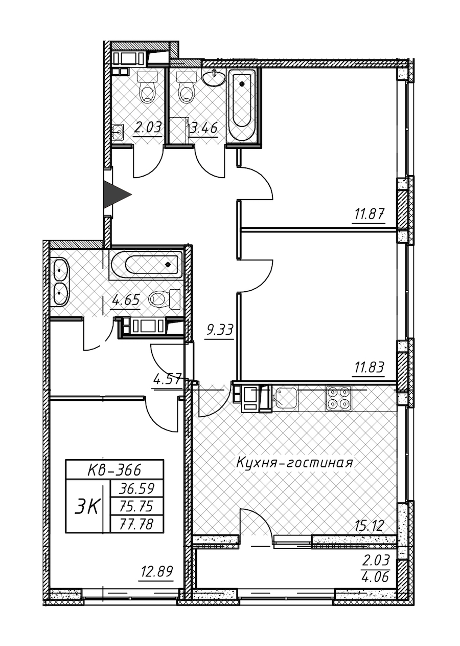 3-комнатная квартира 77.78 м², 12/12 эт., ЖК «Академик»