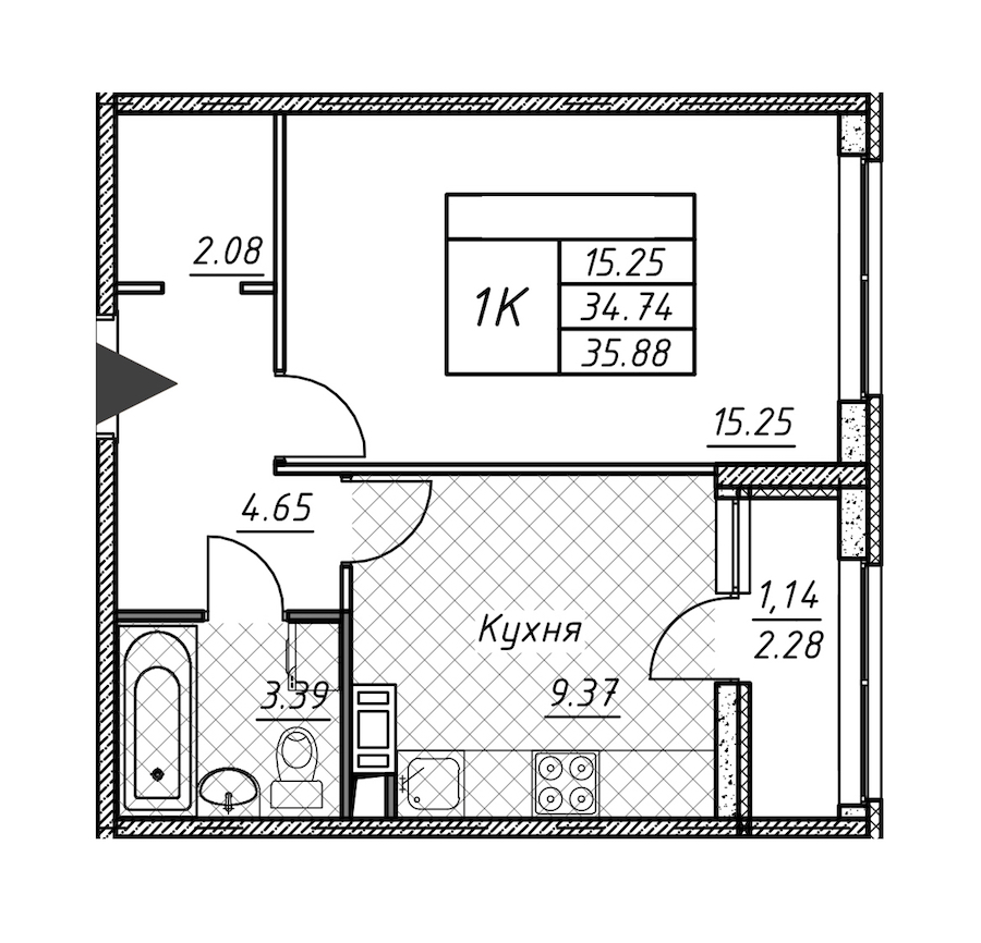 1-комнатная квартира 35.88 м², 8/12 эт., ЖК «Академик»