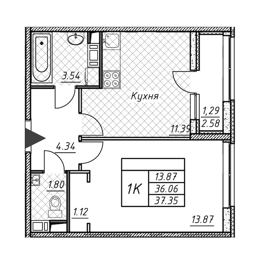 1-комнатная квартира 37.35 м², 6/12 эт., ЖК «Академик»