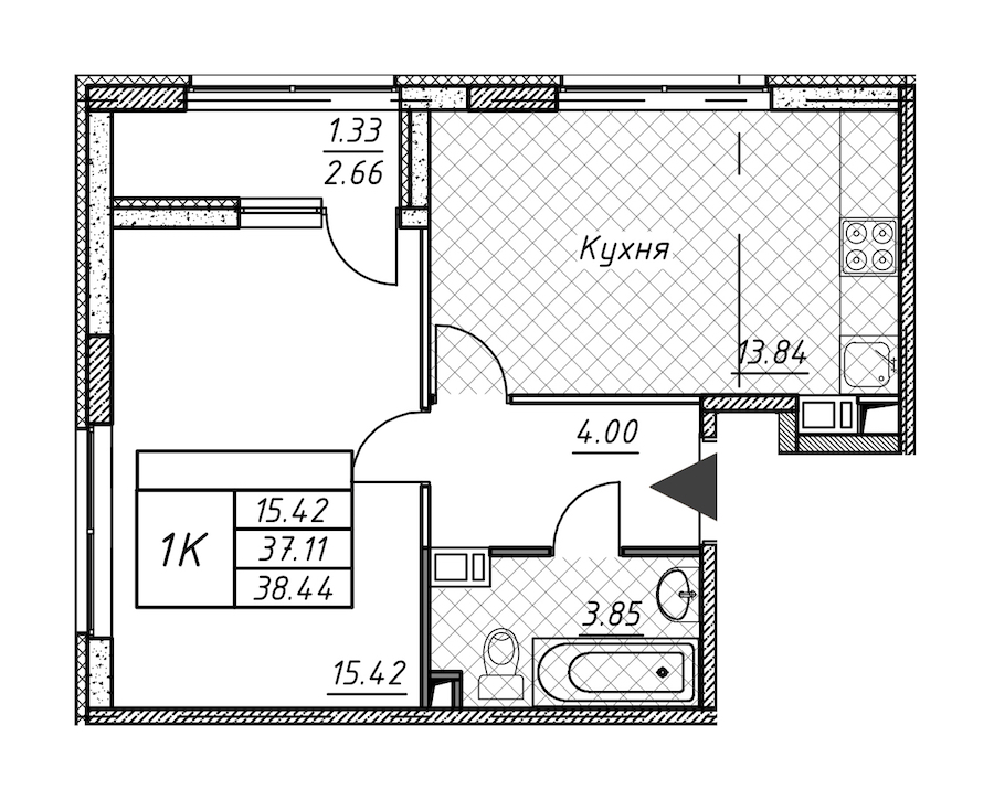 1-комнатная квартира 38.44 м², 8/12 эт., ЖК «Академик»