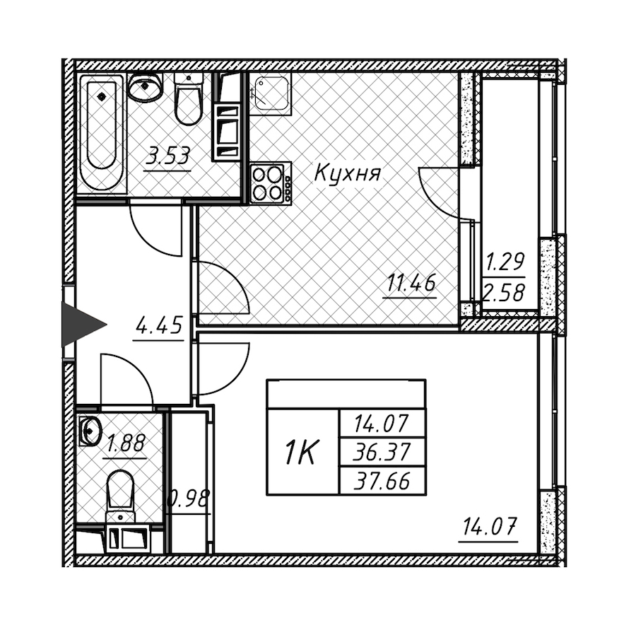 1-комнатная квартира 37.66 м², 8/12 эт., ЖК «Академик»