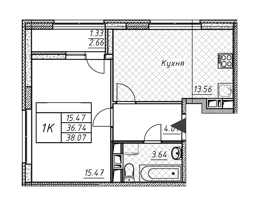 1-комнатная квартира 38.07 м², 9/12 эт., ЖК «Академик»