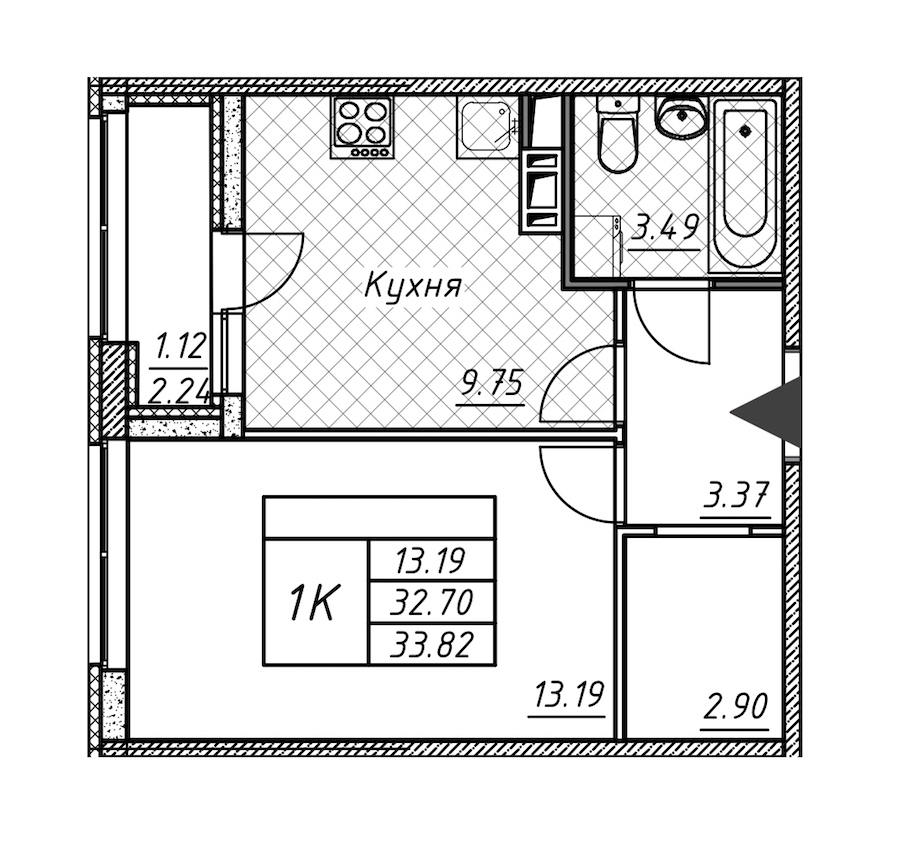 1-комнатная квартира 33.82 м², 7/12 эт., ЖК «Академик»