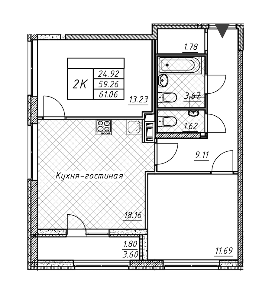 2-комнатная квартира 61.06 м², 8/12 эт., ЖК «Академик»