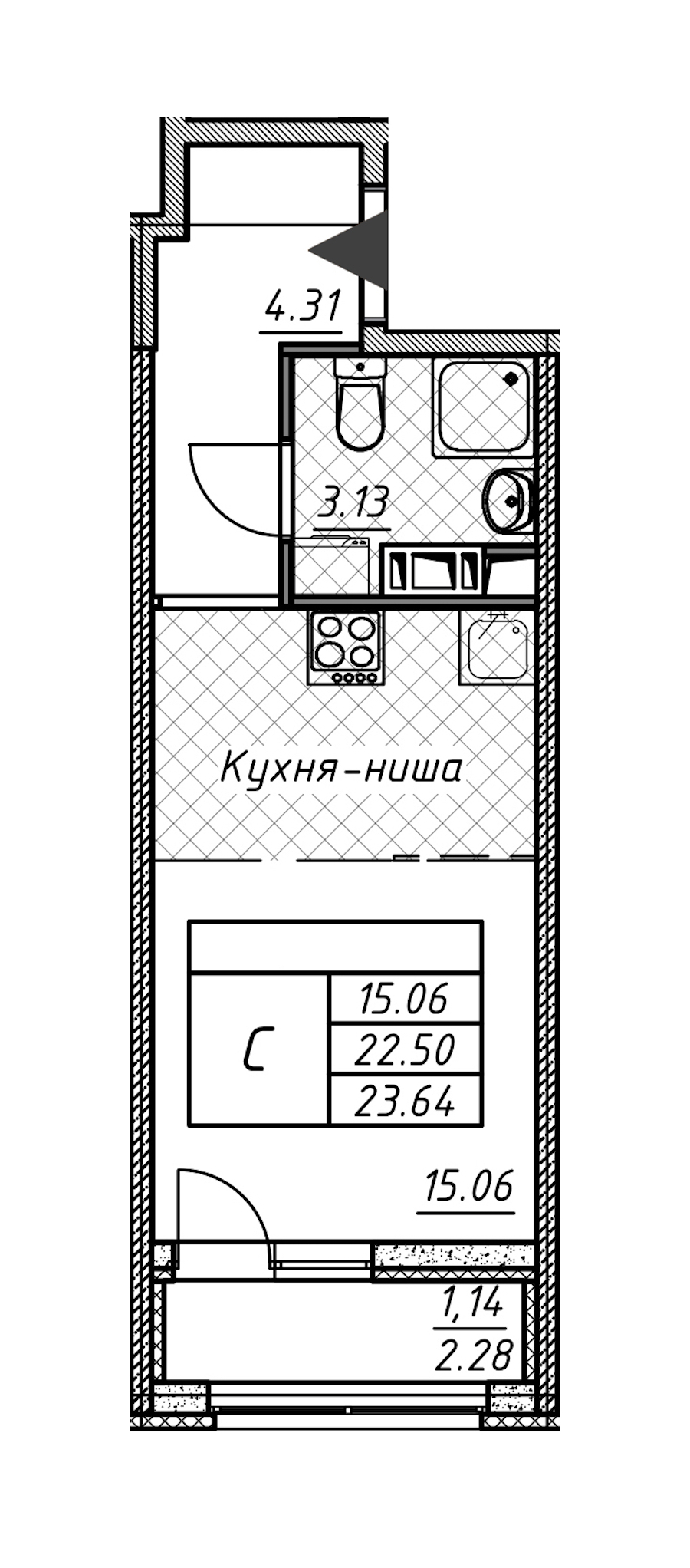 Квартира студия 23.64 м², 5/12 эт., ЖК «Академик»
