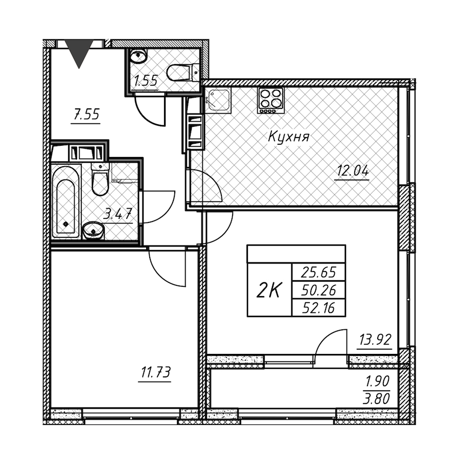 2-комнатная квартира 52.16 м², 3/12 эт., ЖК «Академик»