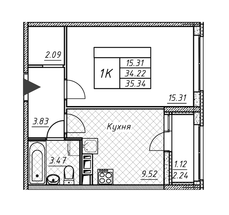 1-комнатная квартира 35.34 м², 9/12 эт., ЖК «Академик»