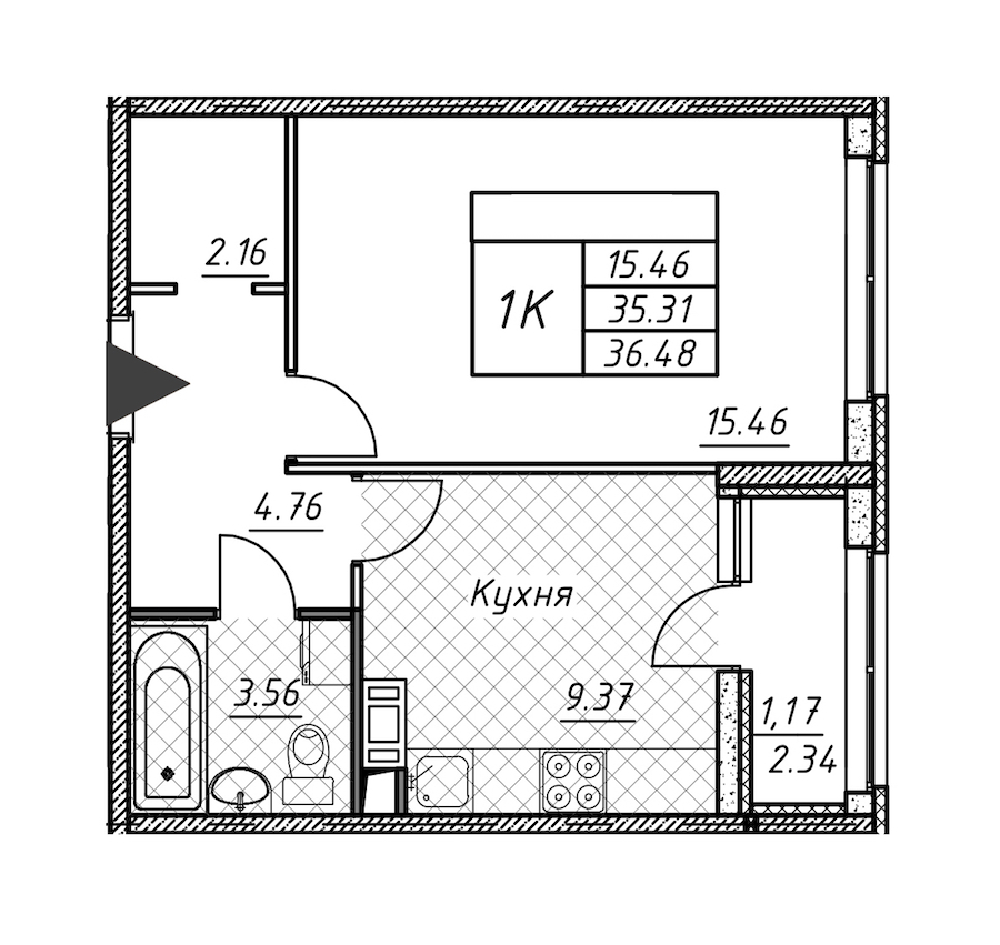 1-комнатная квартира 36.48 м², 9/12 эт., ЖК «Академик»