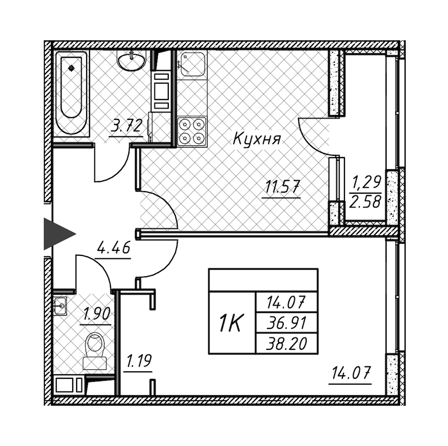 1-комнатная квартира 38.2 м², 9/12 эт., ЖК «Академик»