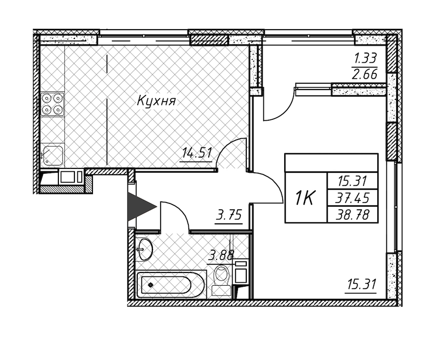 1-комнатная квартира 38.78 м², 5/12 эт., ЖК «Академик»