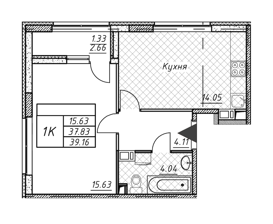 1-комнатная квартира 39.16 м², 8/12 эт., ЖК «Академик»