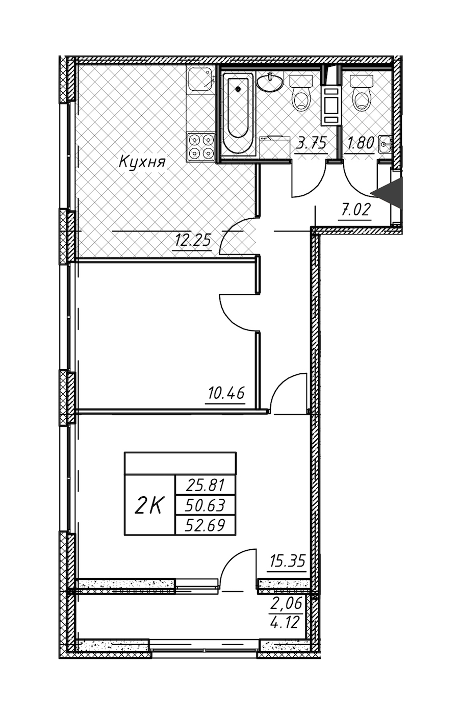 2-комнатная квартира 52.69 м², 9/12 эт., ЖК «Академик»