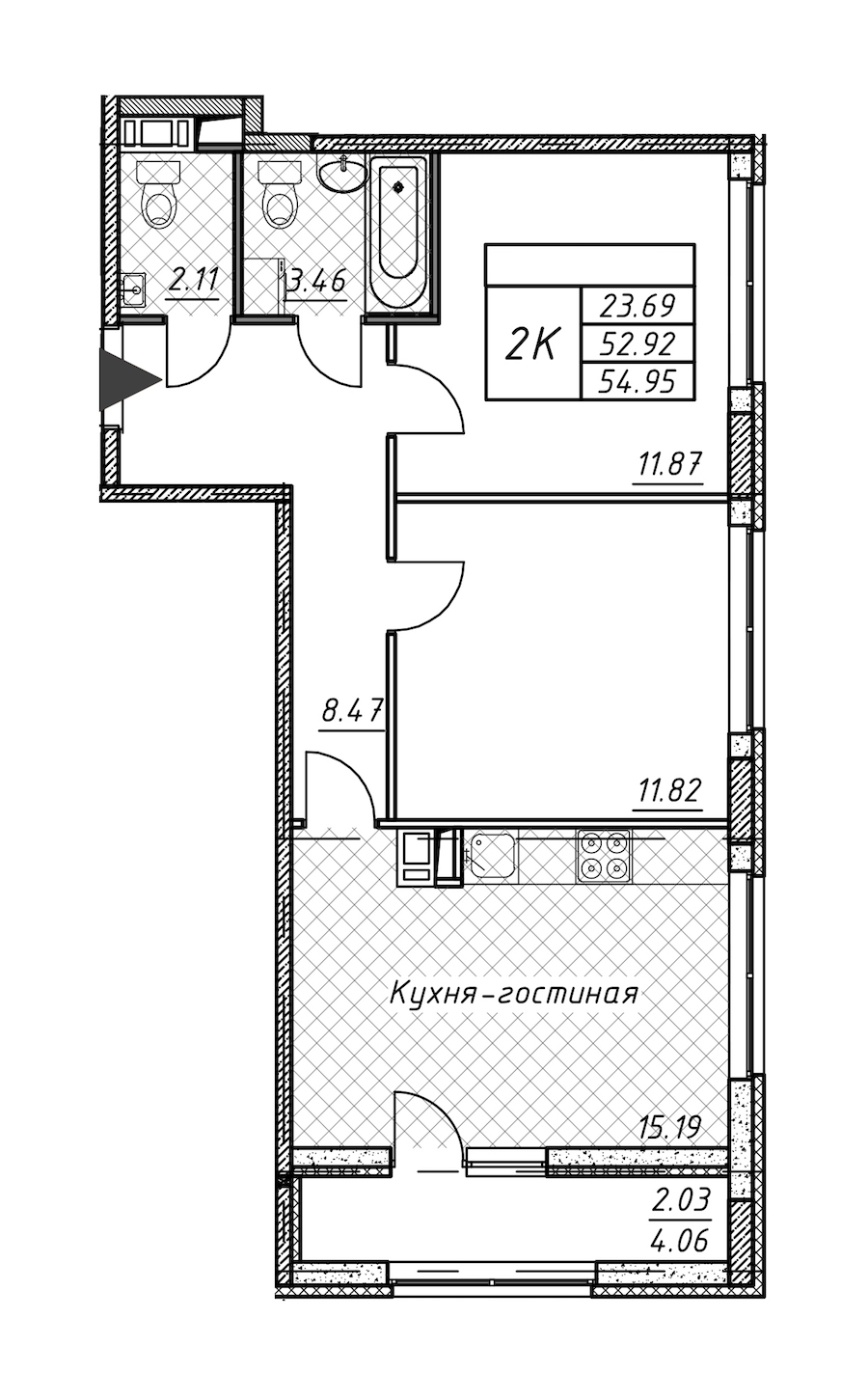 2-комнатная квартира 54.95 м², 8/12 эт., ЖК «Академик»
