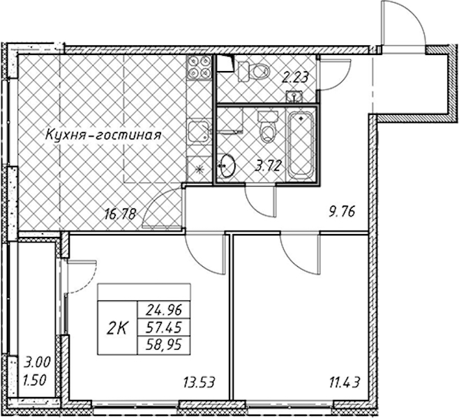 2-комнатная квартира 58.95 м², 1/12 эт., ЖК «Академик»