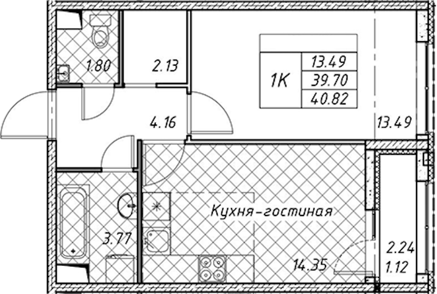 1-комнатная квартира 40.82 м², 1/12 эт., ЖК «Академик»