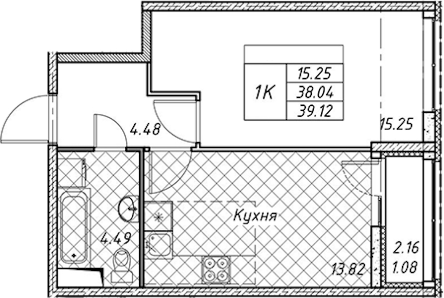 1-комнатная квартира 39.12 м², 1/12 эт., ЖК «Академик»
