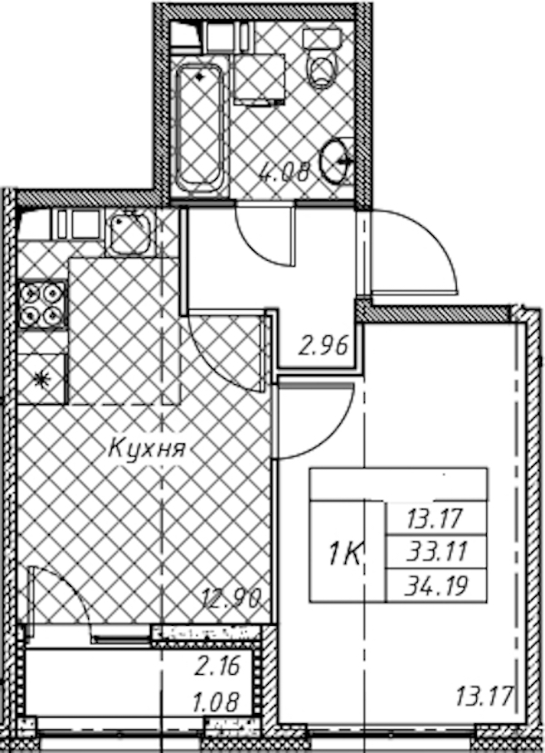 1-комнатная квартира 34.19 м², 3/12 эт., ЖК «Академик»