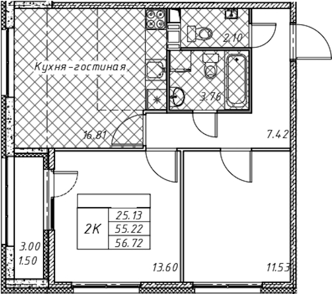 2-комнатная квартира 56.72 м², 5/12 эт., ЖК «Академик»