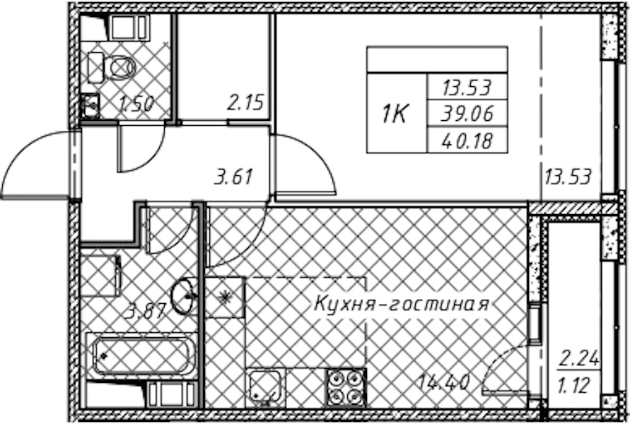 1-комнатная квартира 40.18 м², 5/12 эт., ЖК «Академик»