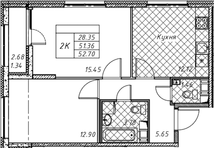 2-комнатная квартира 52.7 м², 6/12 эт., ЖК «Академик»
