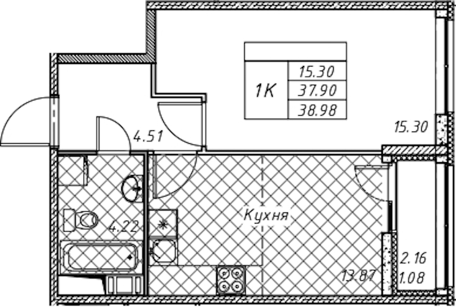 1-комнатная квартира 38.98 м², 6/12 эт., ЖК «Академик»