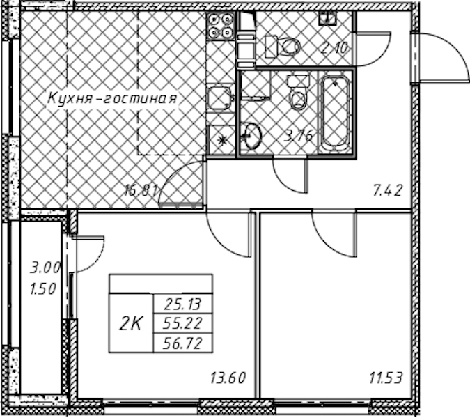 2-комнатная квартира 56.72 м², 7/12 эт., ЖК «Академик»