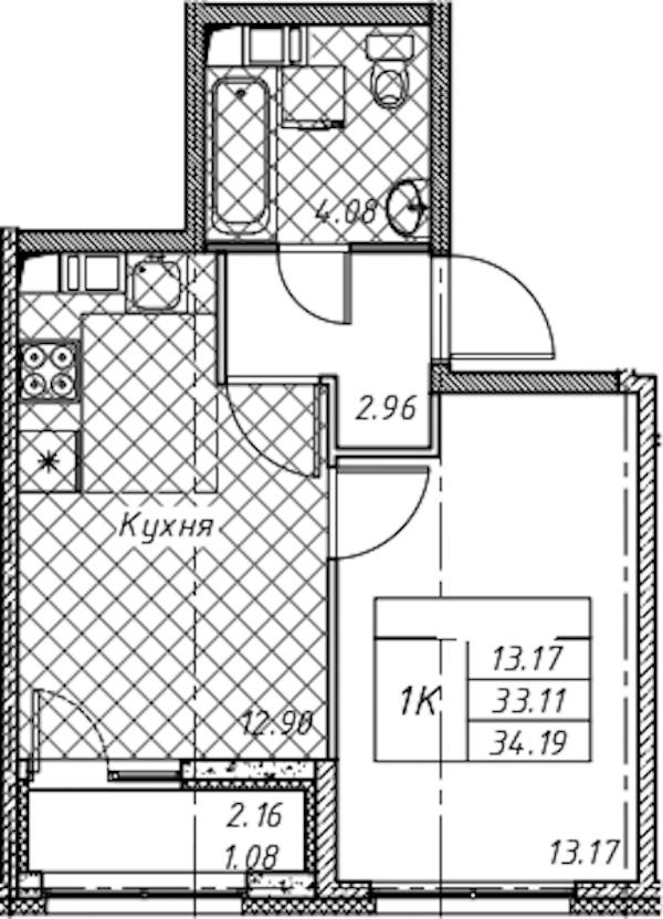 1-комнатная квартира 34.19 м², 9/12 эт., ЖК «Академик»