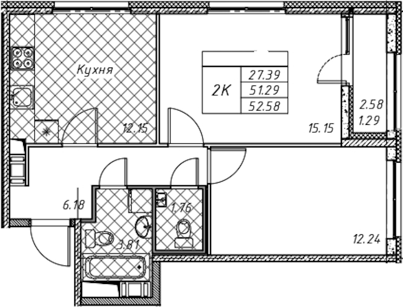 2-комнатная квартира 52.58 м², 9/12 эт., ЖК «Академик»