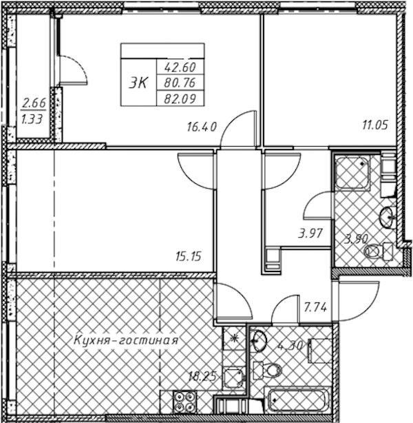 3-комнатная квартира 82.09 м², 10/12 эт., ЖК «Академик»