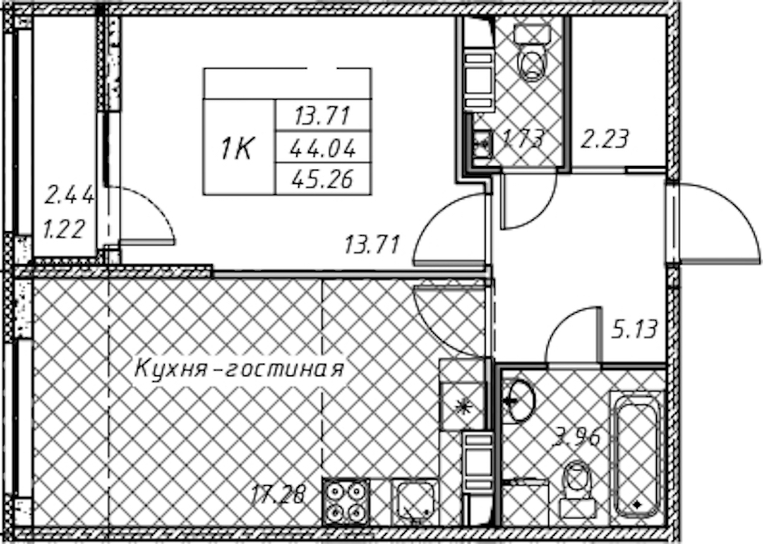 1-комнатная квартира 45.26 м², 10/12 эт., ЖК «Академик»