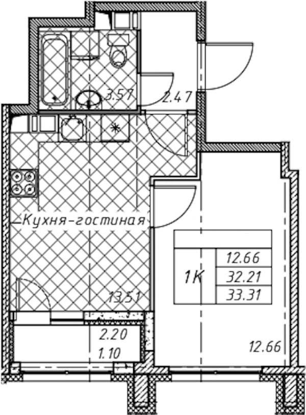 1-комнатная квартира 33.31 м², 10/12 эт., ЖК «Академик»