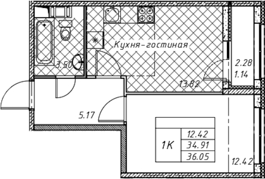 1-комнатная квартира 36.05 м², 10/12 эт., ЖК «Академик»