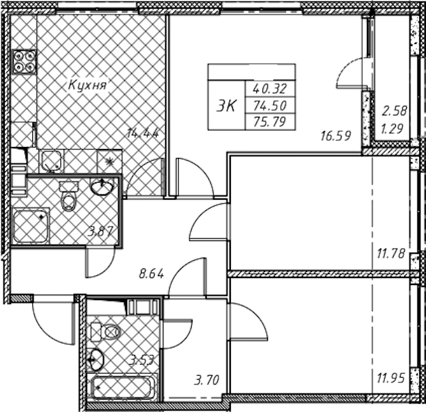 3-комнатная квартира 75.79 м², 10/12 эт., ЖК «Академик»