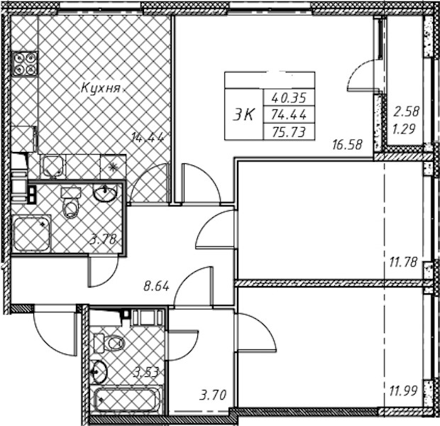 3-комнатная квартира 75.73 м², 11/12 эт., ЖК «Академик»