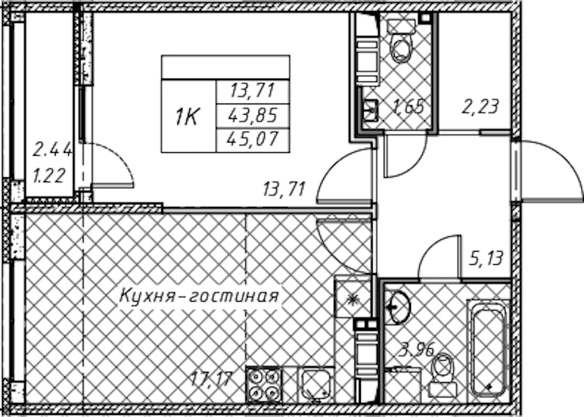 1-комнатная квартира 45.07 м², 12/12 эт., ЖК «Академик»